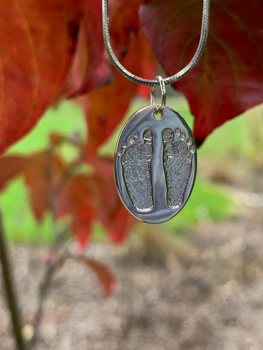 Newborn Footprint Engraved Pendant - Round or Heart - Sterling Silver